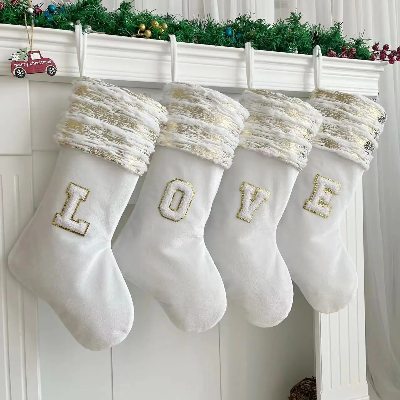 

Christmas Stockings White Stamping Gold Snowflake Letters Xmas Ornaments Christmas Tree Decorations Gift Socks