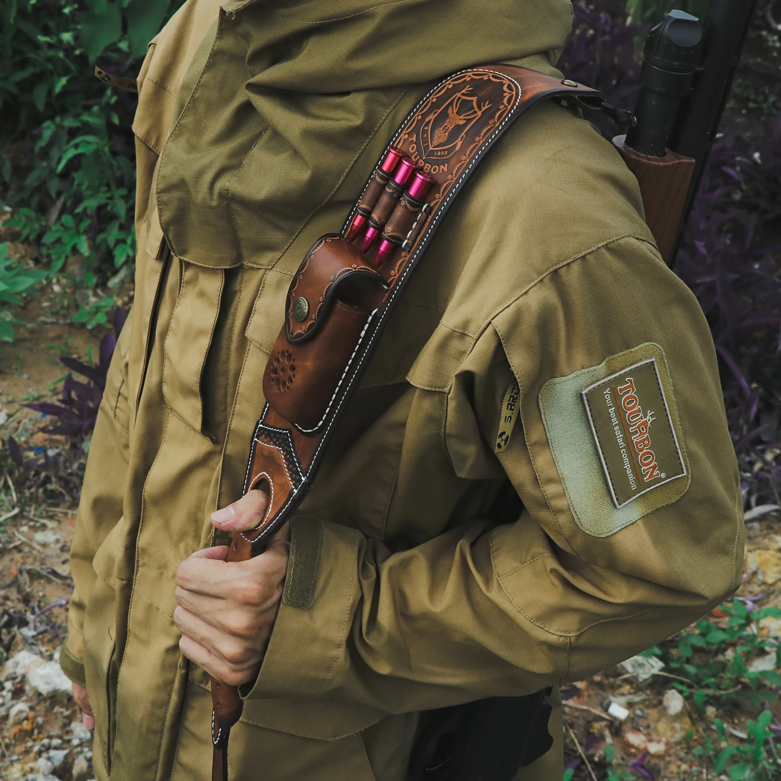 Tourbon Schießsport-Leder-Gewehrriemen Vintage Gewehr-Schulterriemen mit Patronen-Munitionshalter-Tasche und Drehgelenken für Schießen und Jagd Braun – Detail 5
