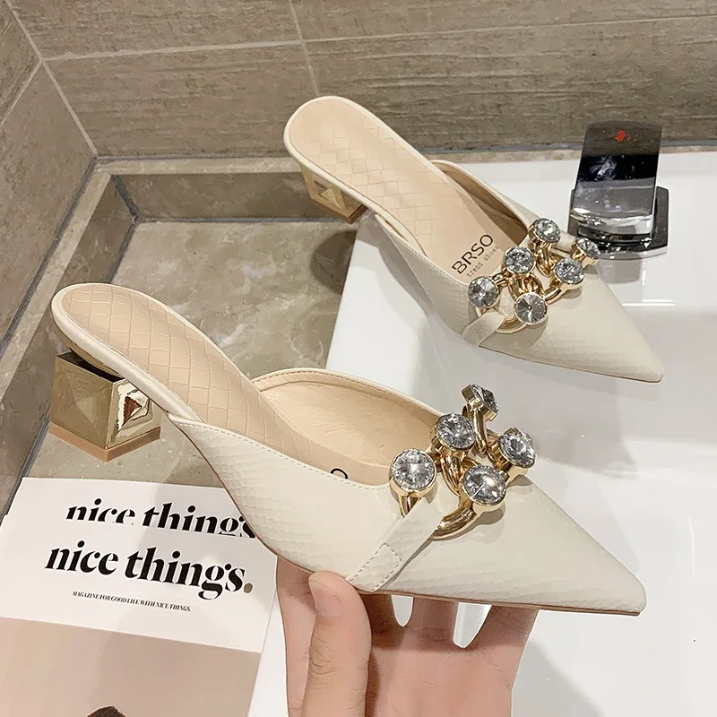 Sexy High Heel Mules Ladies Leather Sole Slippers Women Crystal Shine Metal Chian Pointed Toe Platform Mules Slip on Shoes Woman