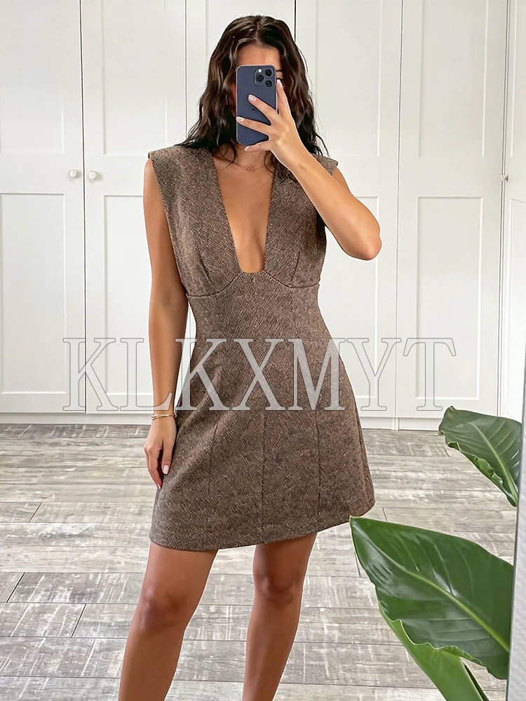 Women Short Dress 2025 Autumn Winter New Sexy Mini Dress Sleeveless Deep V neck Simple Elegant Woman Party Dresses