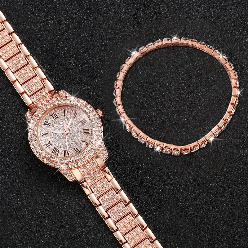 Luxury fashion alloy full diamond Roman quartz watch with double row diamond bracelet gift set 5