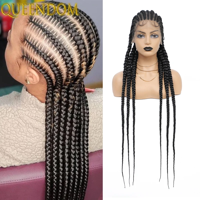 

36 Inch Full Lace Box Braided Wig Cornrow Braids Lace Frontal Wig with Baby Hair Synthetic French Box Braid Wigs for Black Women