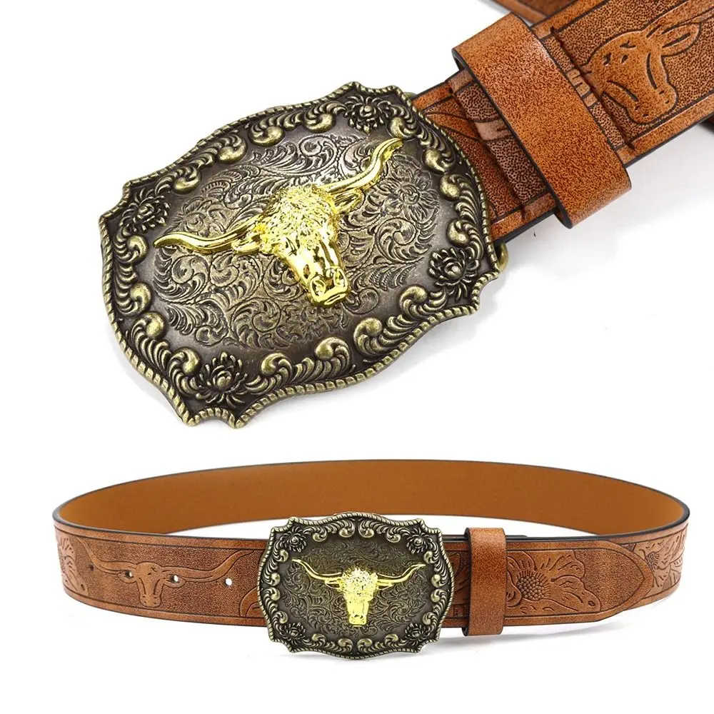 

Bull Pattern Mens Western Cowboy Belt Retro Wide PU Leather Waistband Vintage Waist Belt Mens