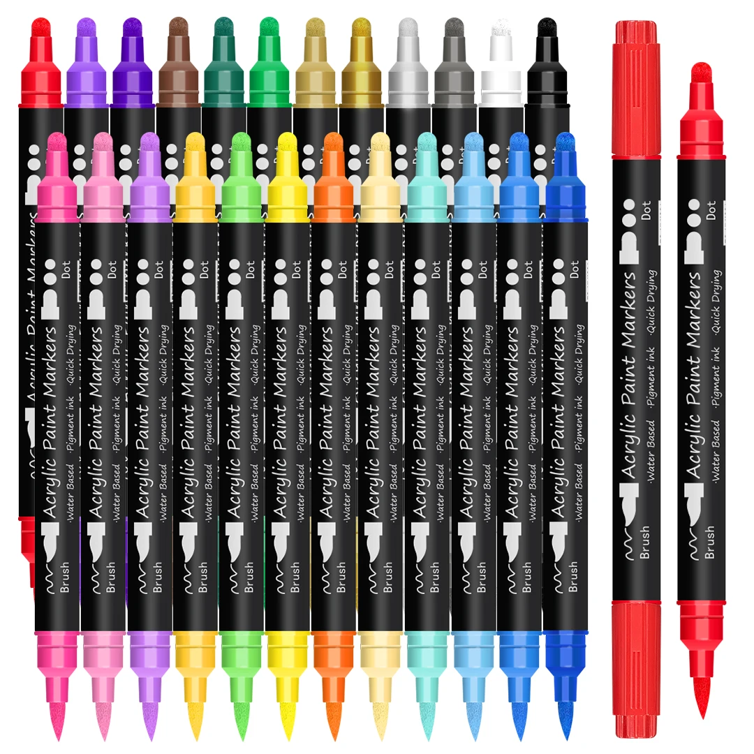 Pennarelli per vernice acrilica da 12/24 colori, penne a doppia punta con punta a punti e punta a pennello per ptura su roccia, legno, ceramica, tessuto, tela, fai da te  21