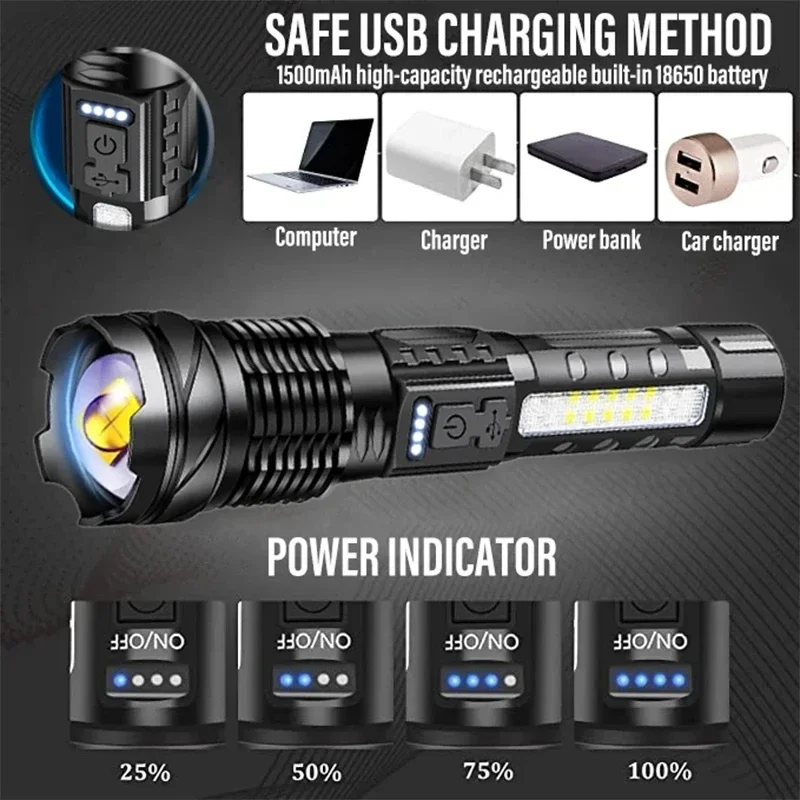 Powerful XHP50 LED Flashlight Waterproof 18650 Torch With Side