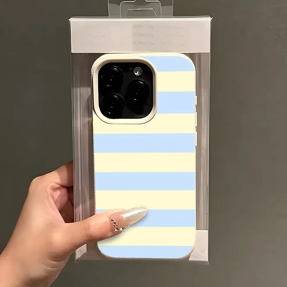 Elegant Light Blue & Cream Stripe Lychee Soft Phone Case Cover