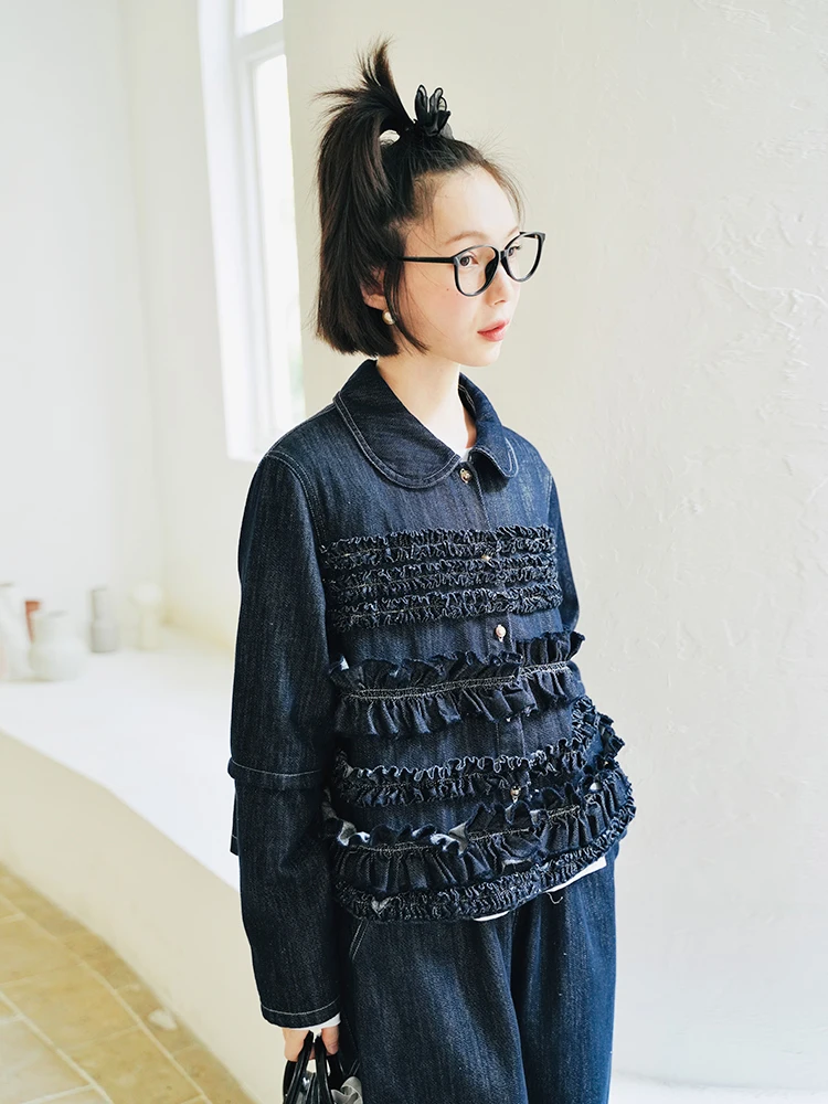 Imakokoni-오리지널 2022 초가을 레이스 헤비 인더스트리 데님 스몰 자켓, 긴팔 인형 칼라 라펠 카디건 탑, 여성용