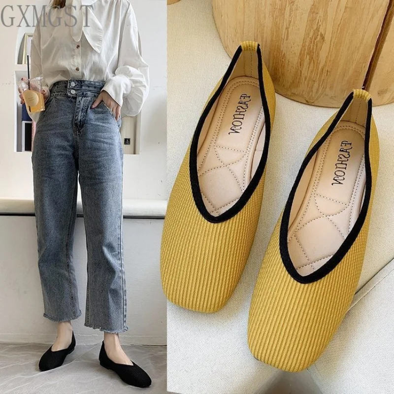 Women Flats Shoes Cotton Fabric Ballerina Socks Shoes Loafers Slip on Flat Heel Mule Plus Size 43