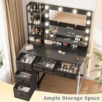 Vanity Desk with LED Lighted Mirror & Charging Staion 5 Fabric Drawers Makeup Vanity Table for Bedroom Dorm 4