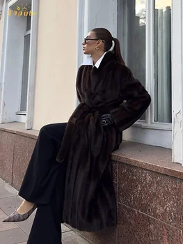 Casual Brown Faux Fur Long Coat Turtleneck Full Sleeve Fluffy Loose Striped Overcoat Lady Winter Daily Street Lace Up Outerwear 1