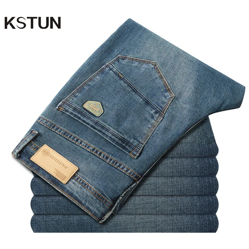 

KSTUN Straight Cut Jeans For Men Business Casual Male Denim Pants Full Length Trousers Classic Jeans Hombre High Quality Brand