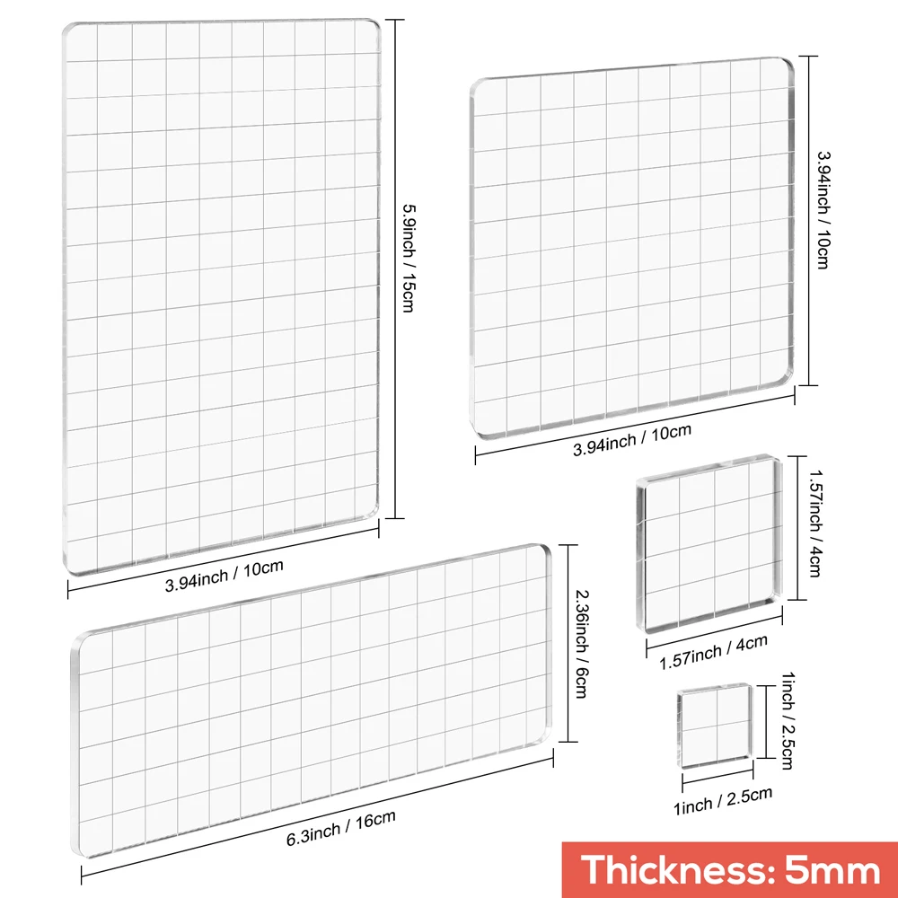 Acrylic Stamp Block 5mm Clear Stamping Tools Set Grid Lines DIY Scrapbooking Crafts Card Making Assorted Sizes 5 Pieces