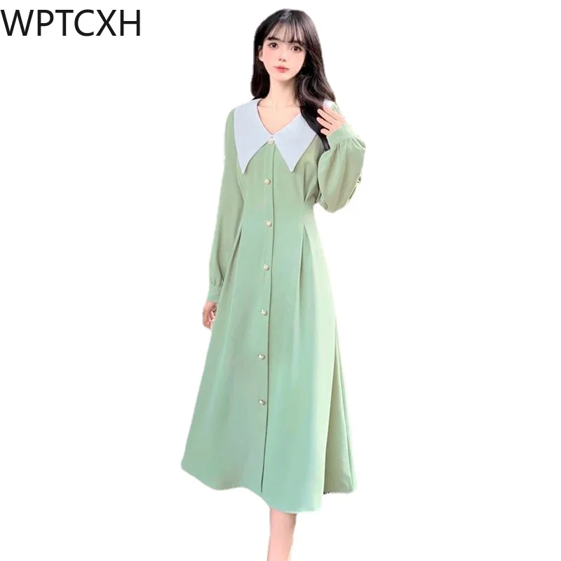 

2024 New Large-size Women Dress French Doll Collar Long-sleeved Gentle Wind Color Foreign Air Age Reduction Long Skirt Female