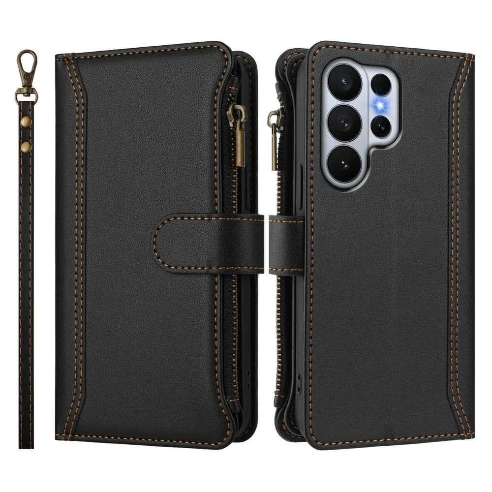 Crossbody Zipper Leather Wallet 9-Card Case with Enhanced Protection