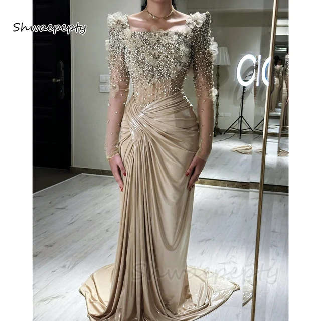 Elegant Beaded Evening Dress Long Sleeves 3D Floral Appliques Ruched Champagne Formal Dress Customized Reception Gown 2025 1