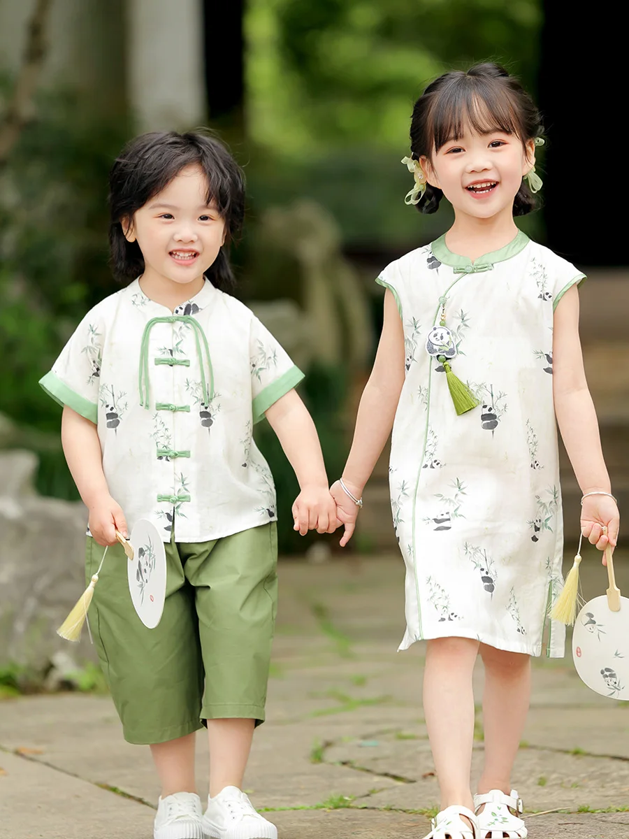 

Летняя одежда для мальчиков Hanfu, модель 2024, стиль ретро, чонсам, костюм для мальчиков Тан, новый китайский костюм с коротким рукавом