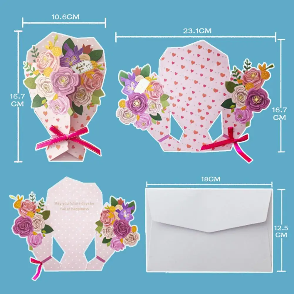 1 Set Greeting Card DIY Handwriting Paper Art 3D Folding Flower Pop Up Mother's Day Card With Envelope for Anniversary Gifts Present