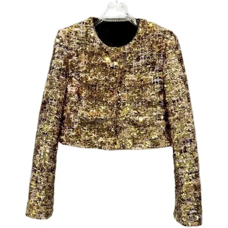 

2024 Spring Autumn Women Jacket New Gold Sequin Thick Tweed Short Coat Women