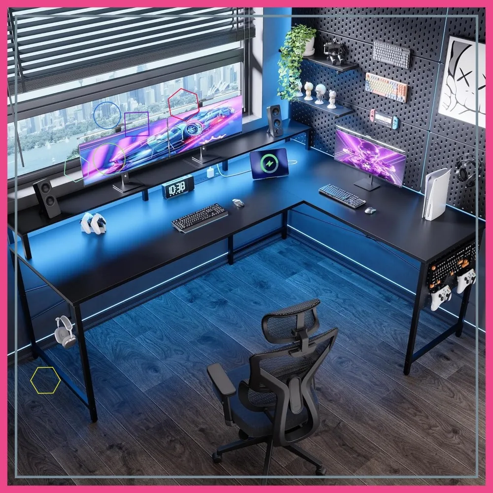 64 Inch L-Shaped Gaming Desk with Power Outlets, LED Lights, Monitor Stand & Pegboard for Home Office