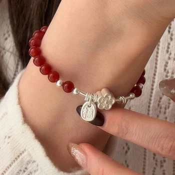 VENTFILLE 925 Sterling Silve Red Agate Bracelet for Women Flower Pendant Lucky Bead Originality Jewelry Gift Dropshipping