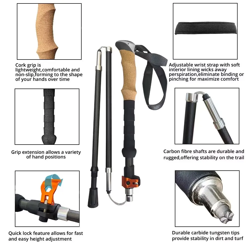Super Light Carbon Fiber Trekking Poles Foldable 4-Sections Hiking Sticks Climbing Poles Collapsible Walking Sticks 5