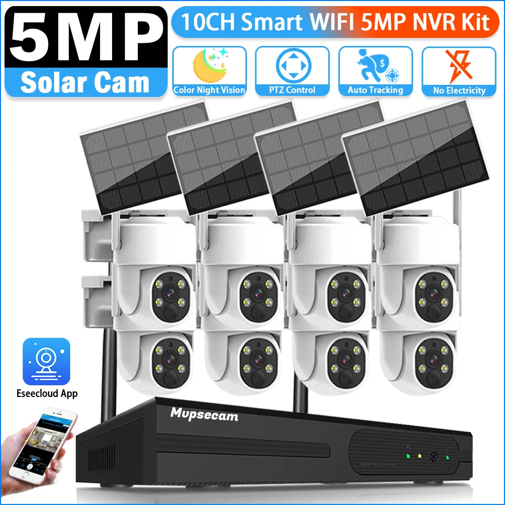 Low-power 5MP WiFi Video Surveillance Camera System 10CH P2P WIFI NVR Set Outdoor Auto Tracking CCTV Solar Camera Security Kit