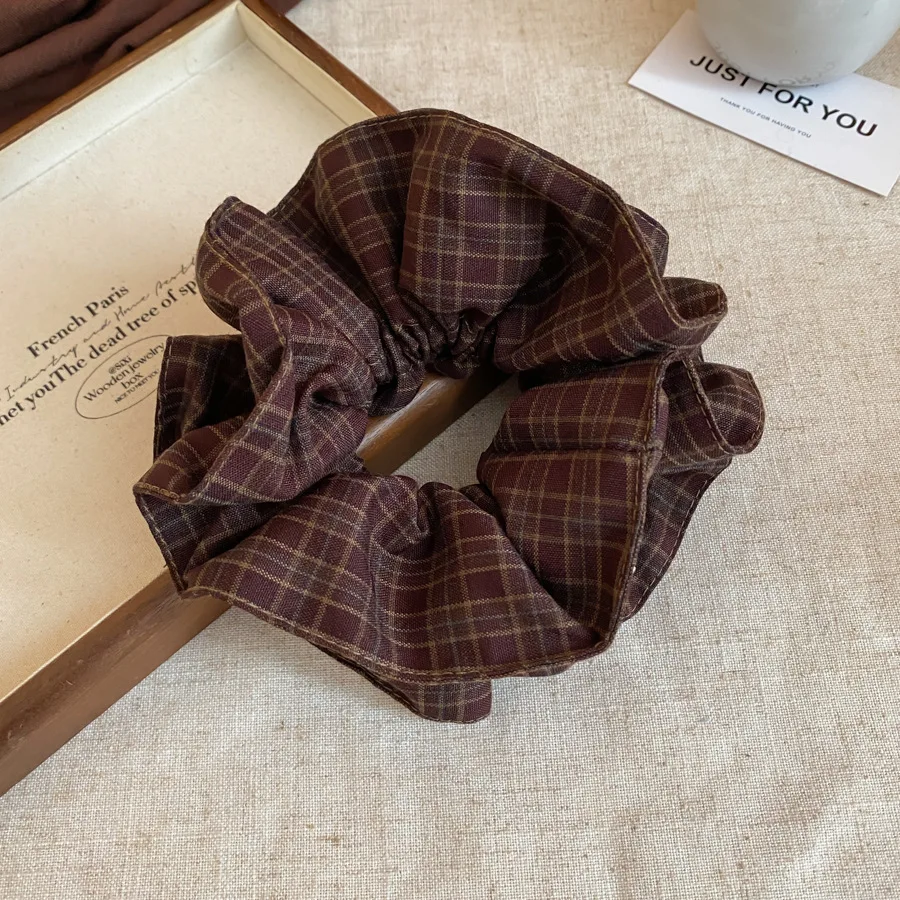 Maillard Retro Große Stoff Plaid Haargummis für Frauen Mädchen Quadrat Runde Plissee Pferdeschwanz Halter Elastische Haar Seil Zubehör M – Detail 9