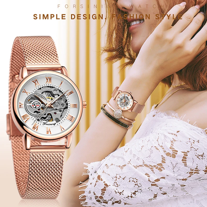 

Forsining New Fashion Women's Luxury Rose Golden Mechanical Watch Roman Numerals Transparent Skeleton Wristwatch Mesh Belt Clock