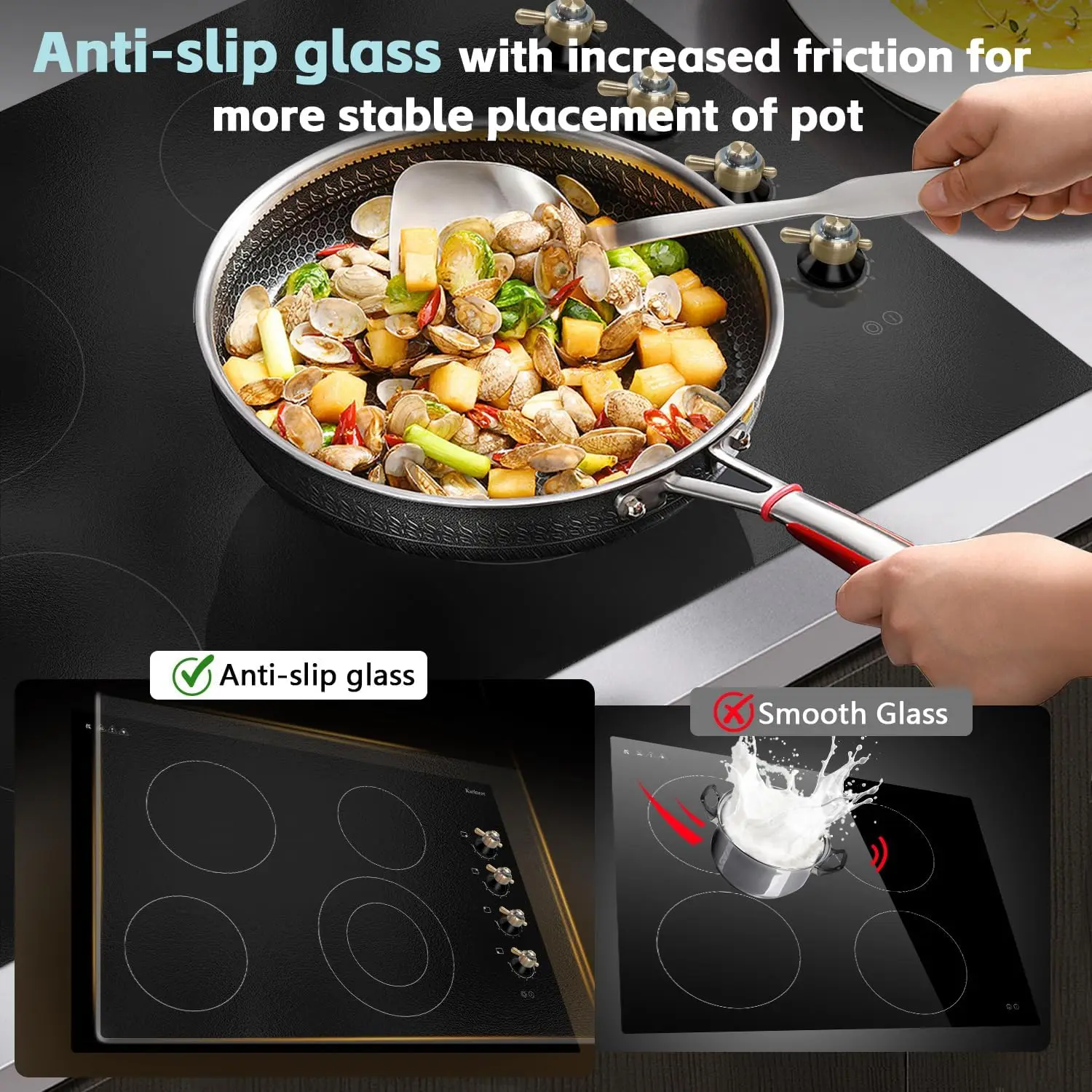 Karinear Electric Ceramic Cooktop 30 Inch, 4 Burners, Knob Control Built-in, 6700W, 220~240V Hard Wire(Gold Knob)
