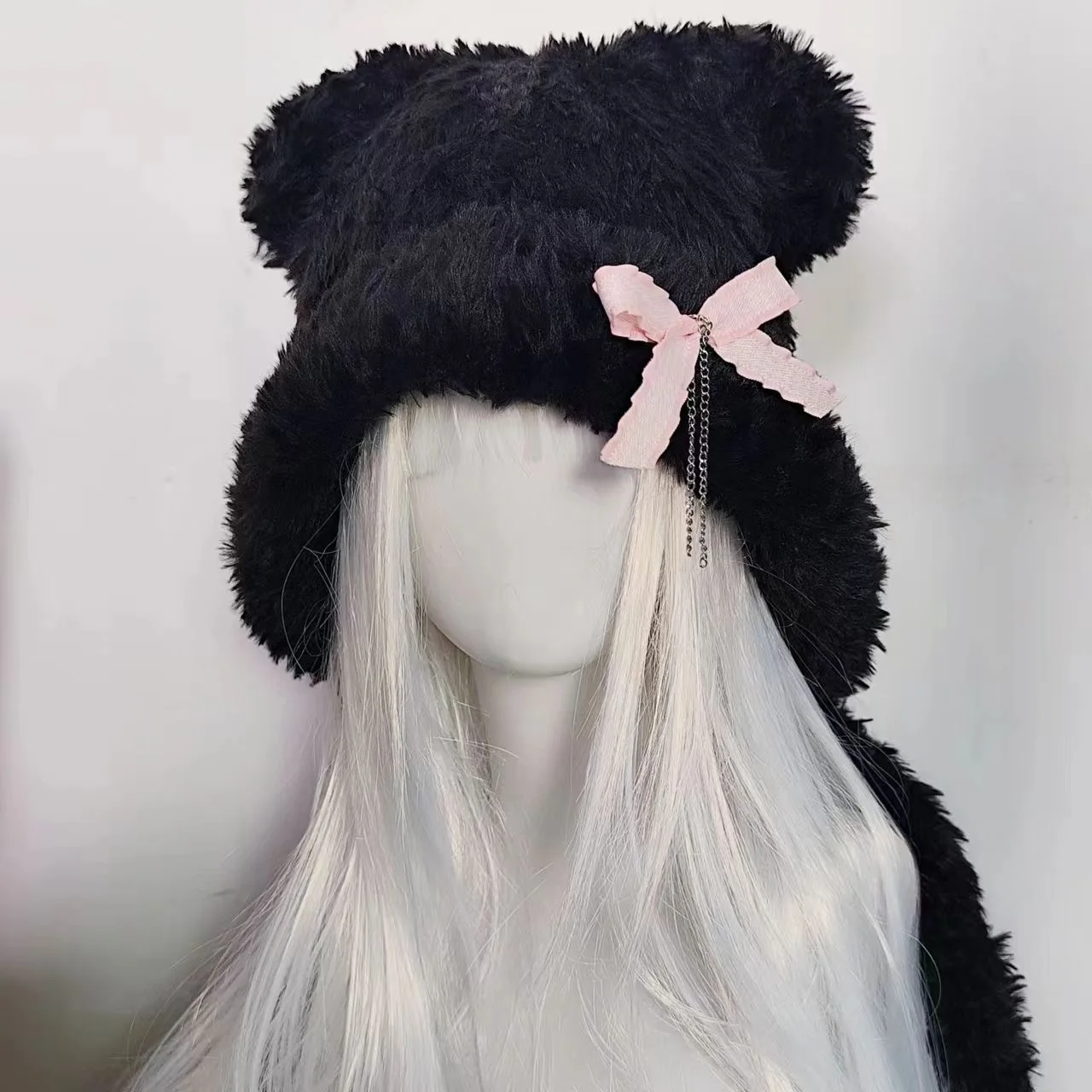 Harajuku Gothic Lolita Y2K Knitted Bear Ear Bowknot Chain Hat Women Punk Designer Winter Black Beanie Female Accessories Cap
