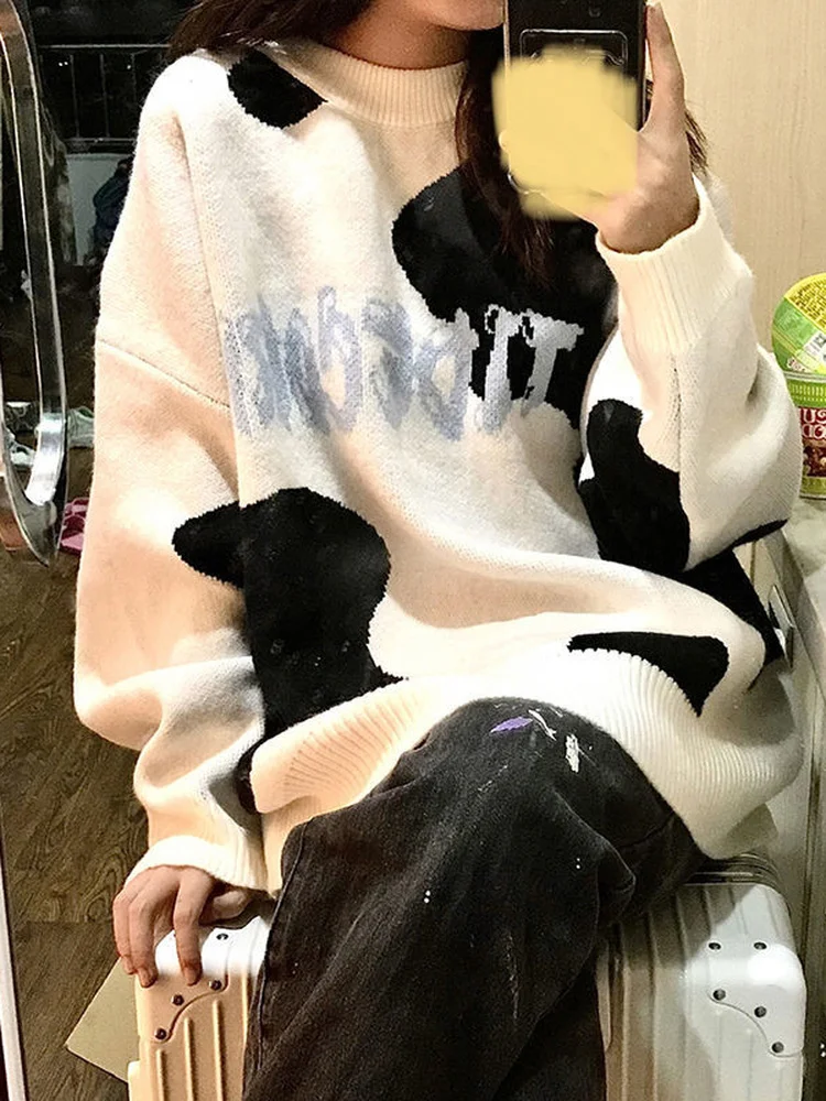 

QWEEK Kawaii Cute Cow Milk Print Knitted Sweaters Women Pullovers Korean Fashion Kpop Loose Long Sleeve Tops 2022 Autumn Fall
