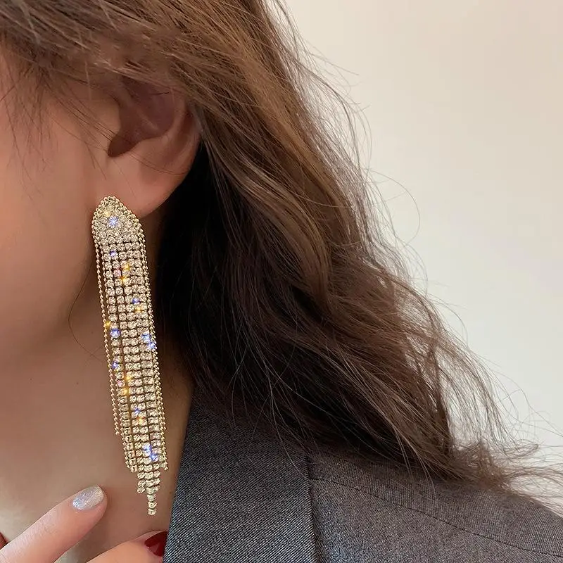 Fashion Statement Earring Long Full Rhinestone Big Earrings Women Shining Tassel Dangle Earrings Wedding Jewelry Gift
