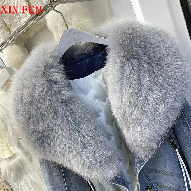 Womens Coats Spring 2025New 100%Natural Real Fox Fur Collar Fashion Short Denim Jacket Luxury Goose Down Puffer Jackets Clothing 5