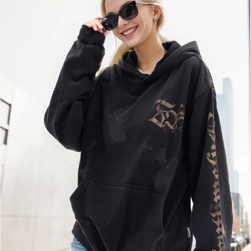 UPRAKF Retro Abstract Alphabet Graphic Hoodie Oversize Autumn Casual Front Pocket Long Sleeve Loose Streetwear Pullover
