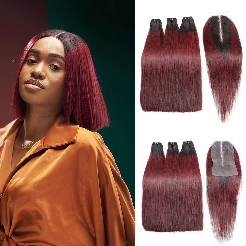 Human Hair Bundles Vietnamese Raw Human Hair Bundles Bone Straight Weave Bundles with Closure Burgundy Red Hair Deal 2x6 Lace Kim K Closure