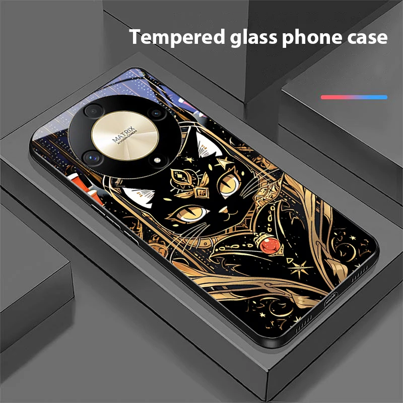 Black Gold Cat Design Tempered Glass Phone Case