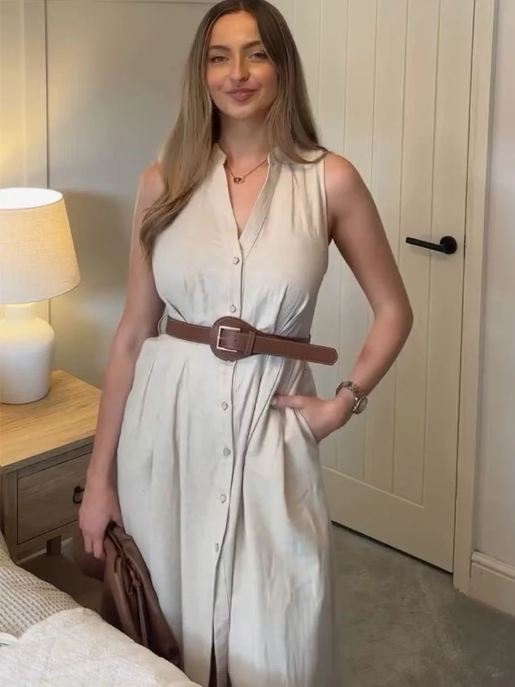 TFMLN Elegant Women's Dresses New 2025 Solid Sleeveless Midi Dress Belt Decoration Casual Fashionable Versatile Summer Outfit