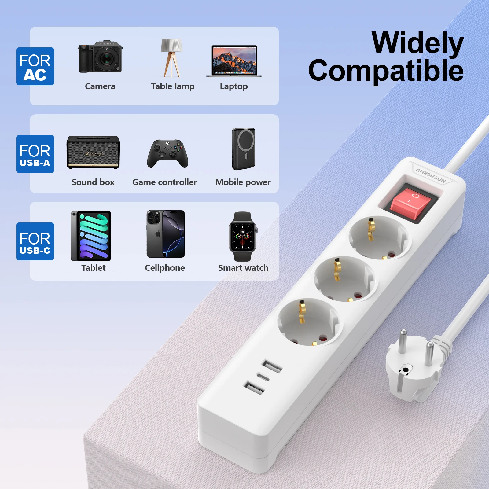 EU Plug Power Strip with USB & Type-C Charging Ports, 3 Outlets, and 2m Extension Cord