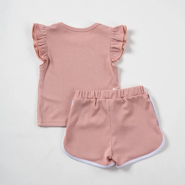 Cute Printed Baby Girl Set Summer New Fly-sleeved a maniche corte + pantaloncini in tinta unita Set per bambini abbigliamento Casual quotidiano 3