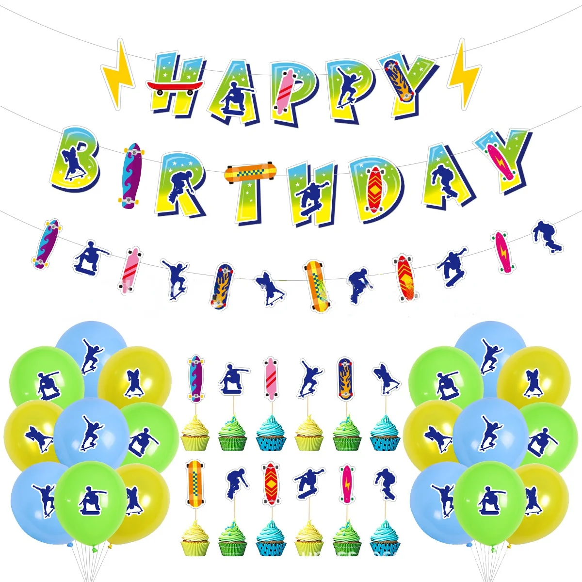 

JOYMEMO Skateboard Theme Party Balloon Set Happy Birthday Banner Cupcake Topper for Boys Skateboard Birthday Decoration Supplies