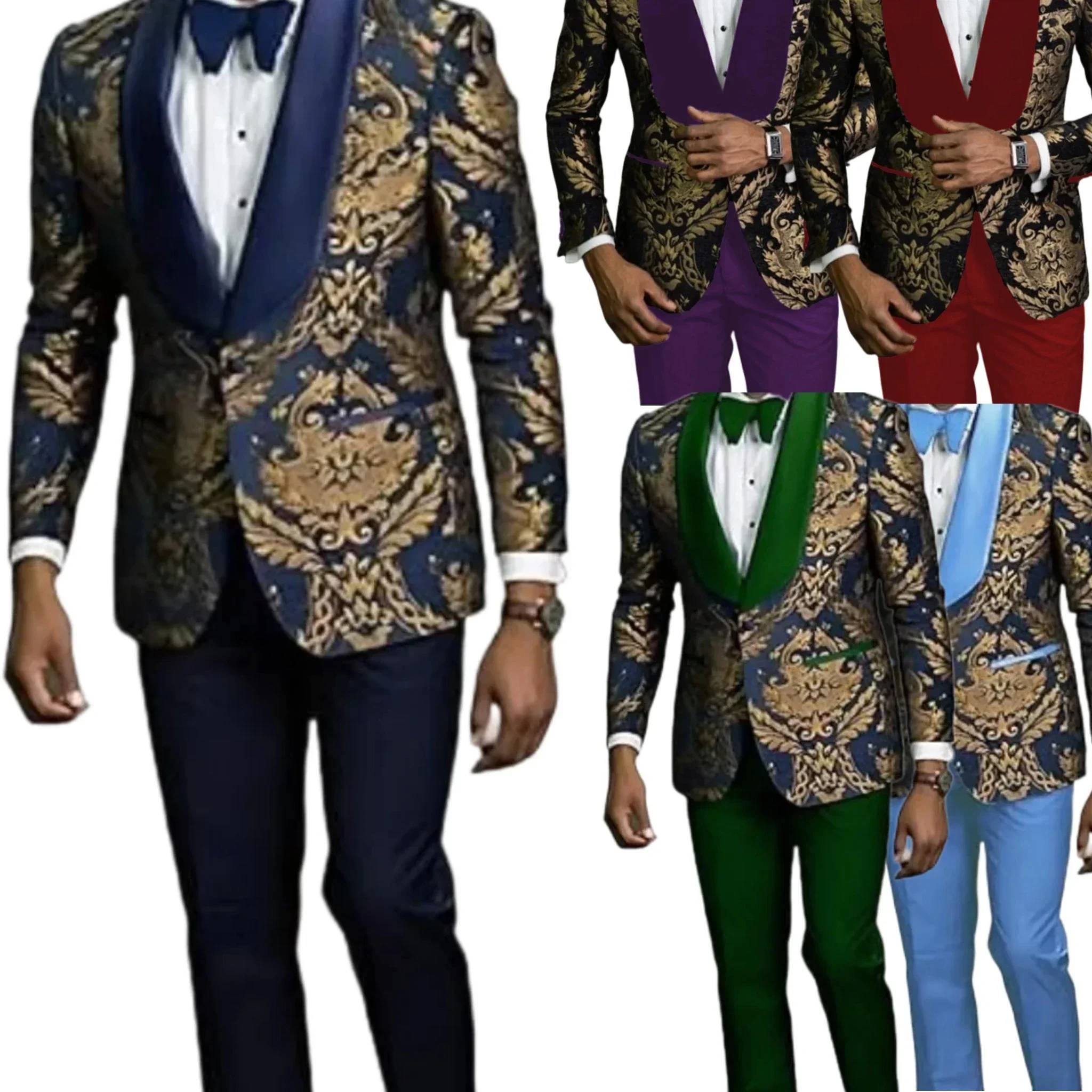 Stylish Slim Fit Mens Suits Floral Jacquard Shawl Lapel 2 Pieces Blazer and Pant Set Tuxedo Set Prom Wedding Dress Business