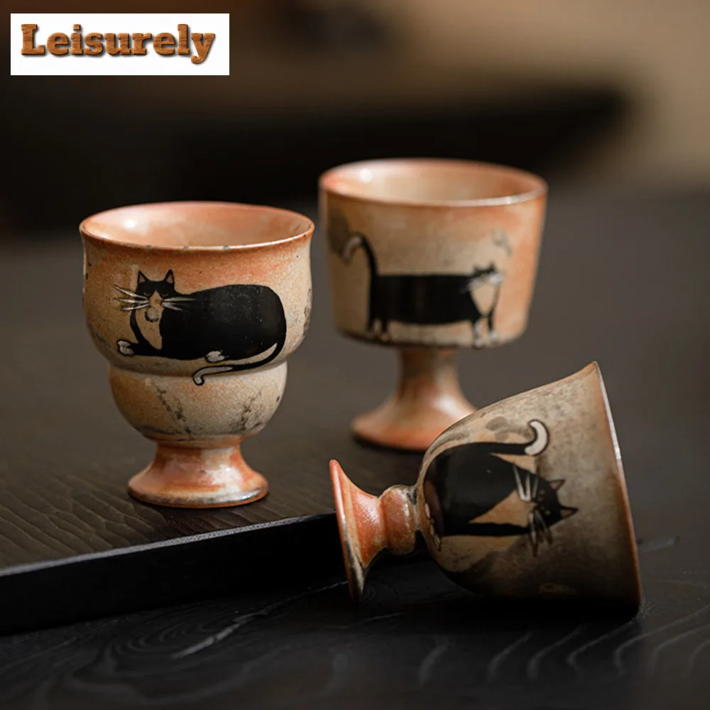 Japanese Kiln Change Zhiye Cat Ceramic Tea Cup Retro Wood-fired Porcelain Large Master Cup High Foot Tasting Mug Kung Fu Tea Set
