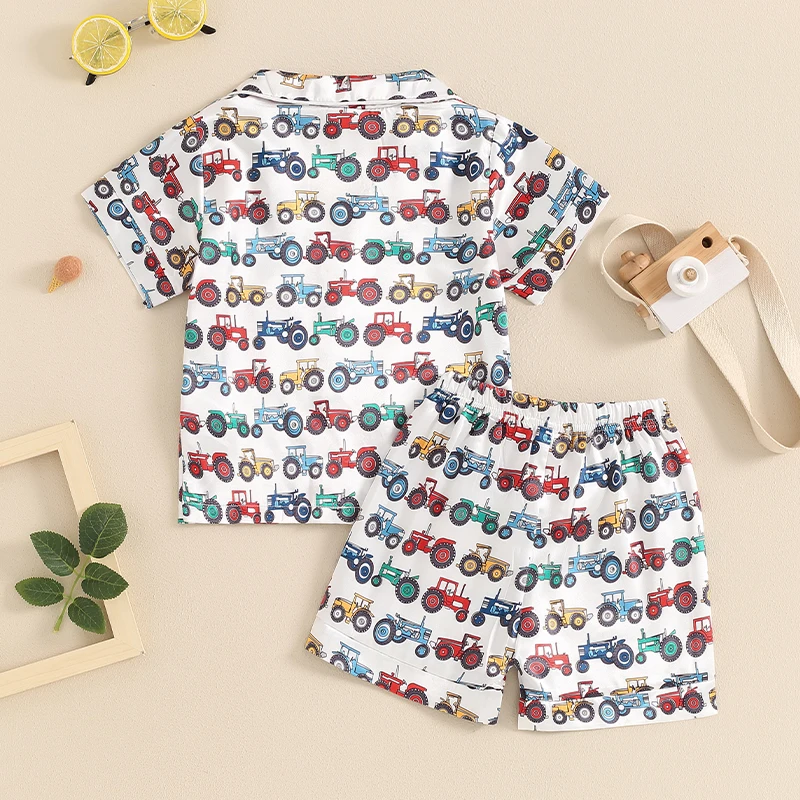 

Little Boy Farm Outfits Cartoon Tractor Print Button Down Short Sleeve T-Shirt with Elastic Waist Shorts