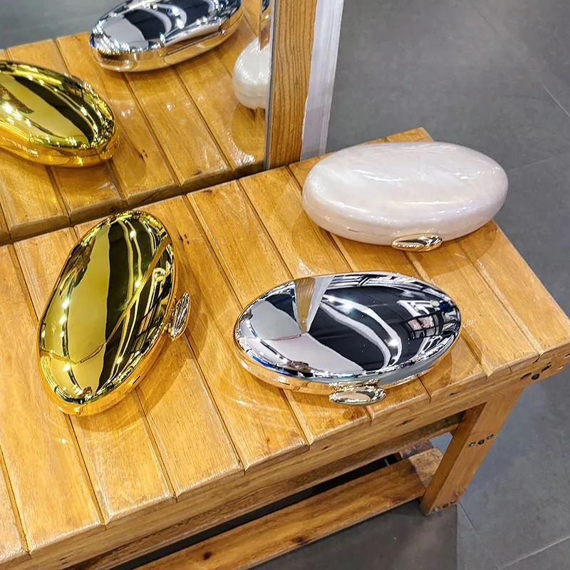 Women's Fashion Evening Clutches Luxury Plain Acrylic Long Chain Cross body Handbag Oval Shaped Fits Phone Wedding Banquet Party