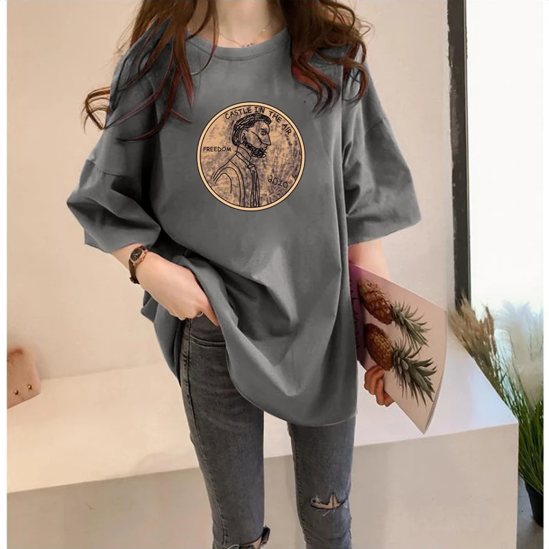 

2022 Fashion Harajuku Print T Shirts Women Bf Mid Length Loose Tops Summer Spring New O Neck Short Sleeve Casual Tees