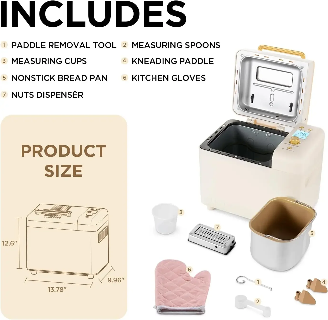 Bread Maker, [2.2LB Max & 15-in-1] Compact Size Bread Maker Machine Metal Material & Auto Nut Dispenser Bread Machine wi 6