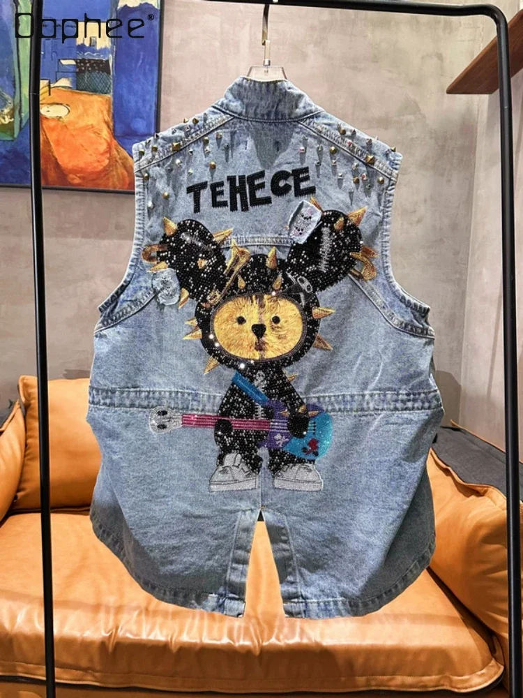

Fashion Cowboy Vest Women Autumn New Rivets Heavy Industry Cartoon Rhinestone Letter Embroidered Stand Collar Zipper Denim Vest