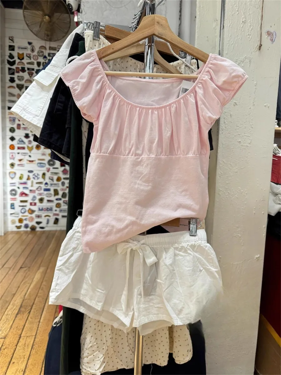 Pink Ruffle Slim Short Sleeve Tee Women Summer Square Collar Cotton Mesh Folds T-shirts Female Aesthetic Sweet Cute Y2K Tops New 6