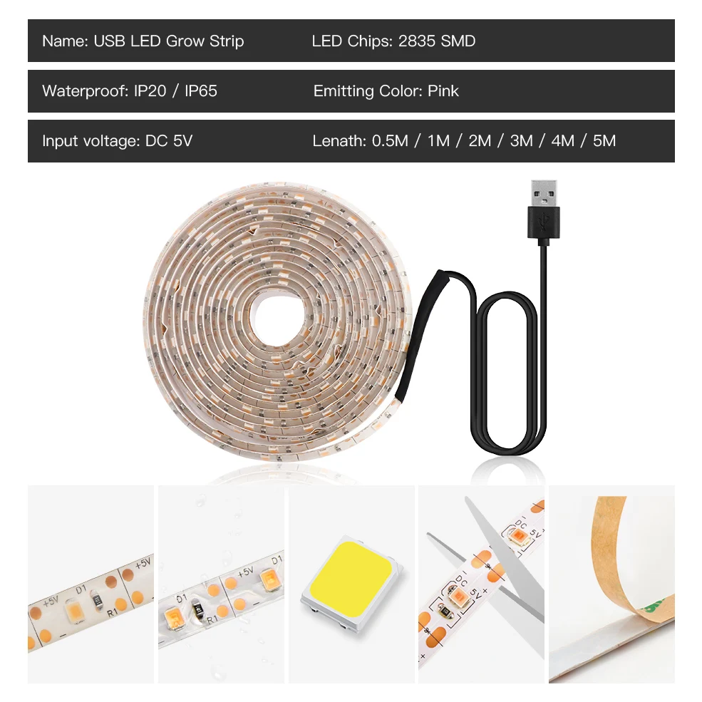 Full Spectrum LED Grow Light USB Grow Light Strip 0.5m 1m 2m 3m 4m 5m 2835 SMD LED Phyto Tape For Seed Plant Flower Greenhouse led grow light grow light