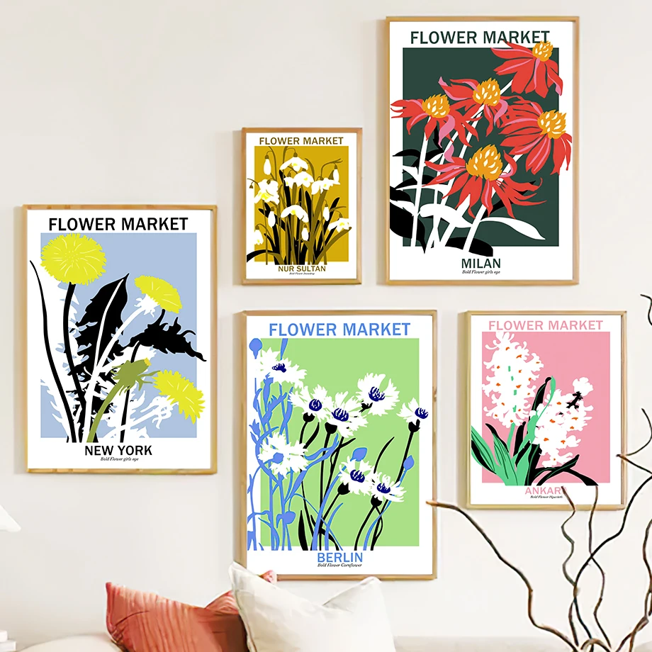 

New York Milan City Flower Market Posters and Prints Nordic Fashion Canvas Painting Modern Wall Art Picture for Bedroom Decor